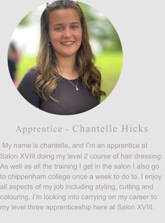 Apprentice - Chantelle Hicks  My name is chantelle, and I’m an apprentice at Salon XVIII doing my level 2 course of hair dressing.  As well as all the training I get in the salon I also go to chippenham college once a week to do to. I enjoy all aspects of my job including styling, cutting and colouring. I’m looking into carrying on my career to my level three apprenticeship here at Salon XVIII.